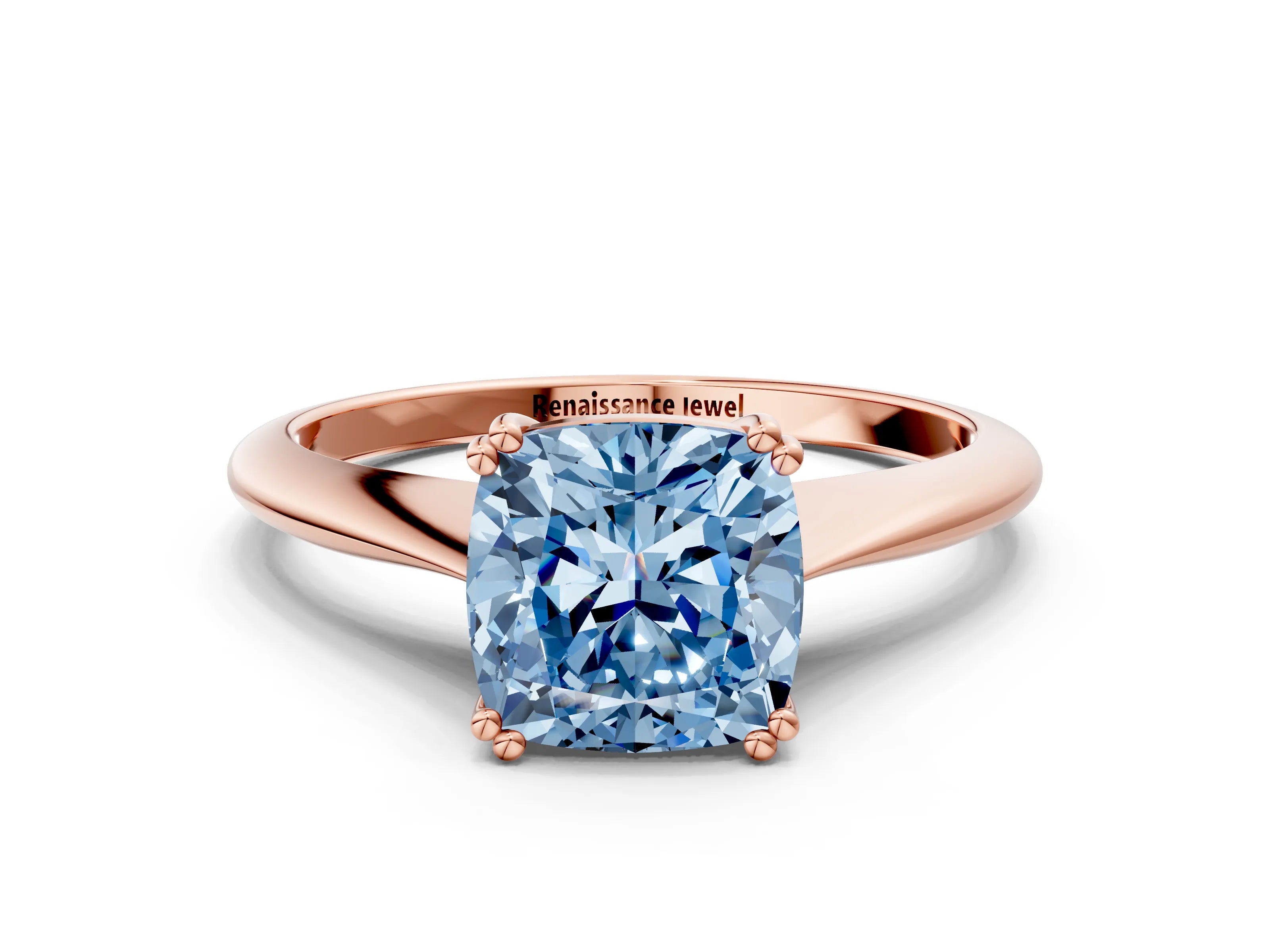 Rose gold Fancy Blue Cushion Cut Solitaire Diamond Ring with Six-Prong Setting and Classic Band