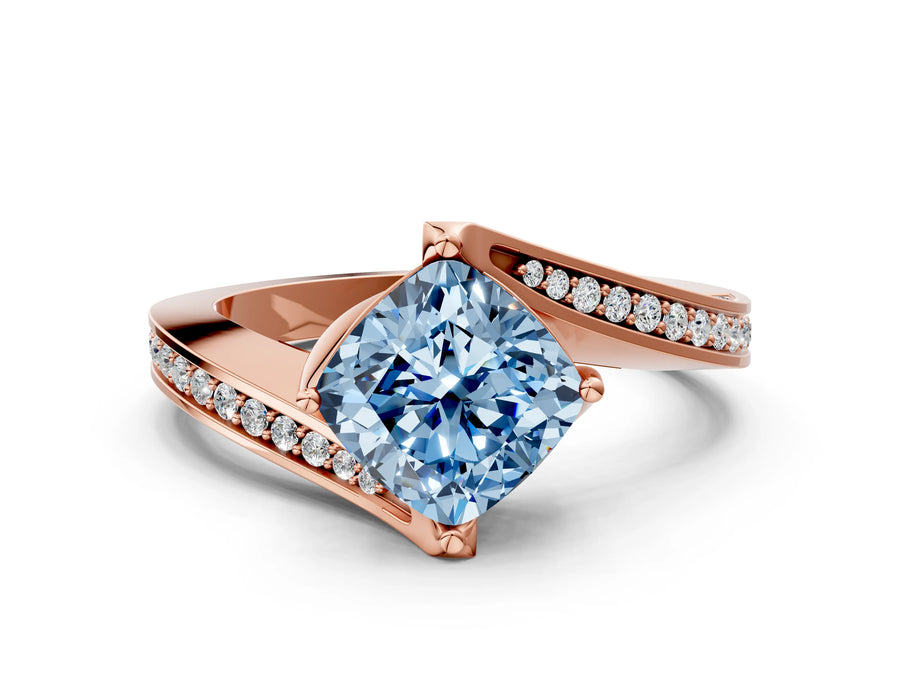 Rose gold Fancy Blue Cushion Cut Solitaire Diamond Twist Band with Pavé Setting and Four-Prong Setting
