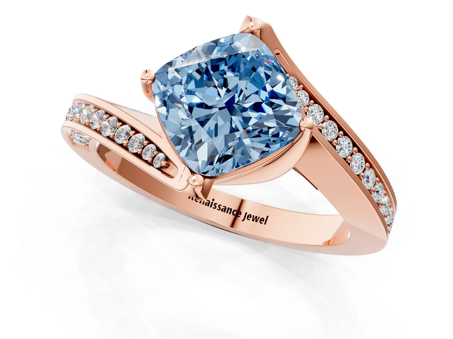 Rose gold Fancy Blue Cushion Cut Solitaire Diamond Twist Band with Pavé Setting and Four-Prong Setting