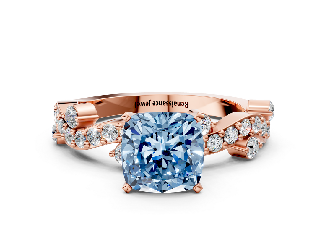 Rose gold Fancy Blue Cushion  Cut Solitaire Diamond Twisted Band with Pave Setting_45