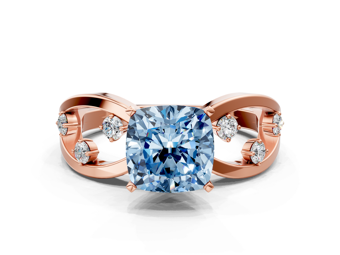 Rose gold Fancy Blue Cushion  Cut Solitaire Diamond with Side Stones on Criss-Cross Band and Four-Prong Setting_3
