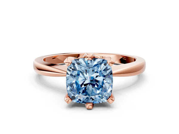 Rose gold Fancy Blue Cushion Cut Solitaire Engagement Ring with Six-Prong Setting and Tapered Band