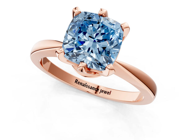 Rose gold Fancy Blue Cushion Cut Solitaire Engagement Ring with Six-Prong Setting and Tapered Band