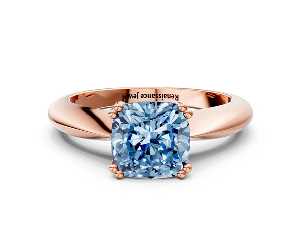 Rose gold Fancy Blue Cushion  Cut Solitaire Engagement Ring with Tapered Band and Four-Prong Setting