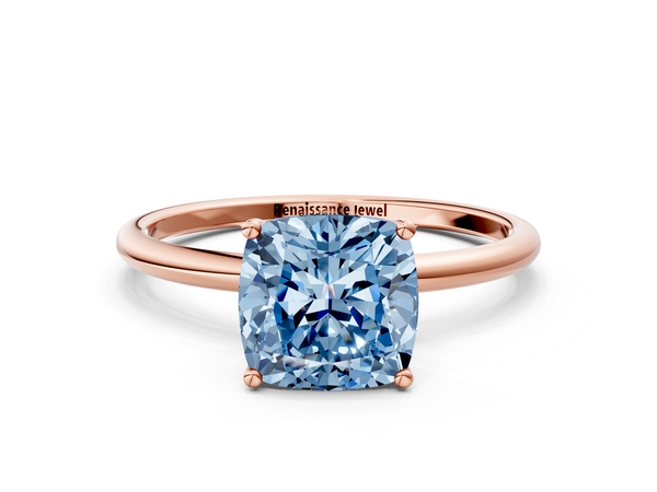 Rose gold Fancy Blue Cushion  Cut Solitaire Engagement Ring with Thin Band and Four-Prong Setting