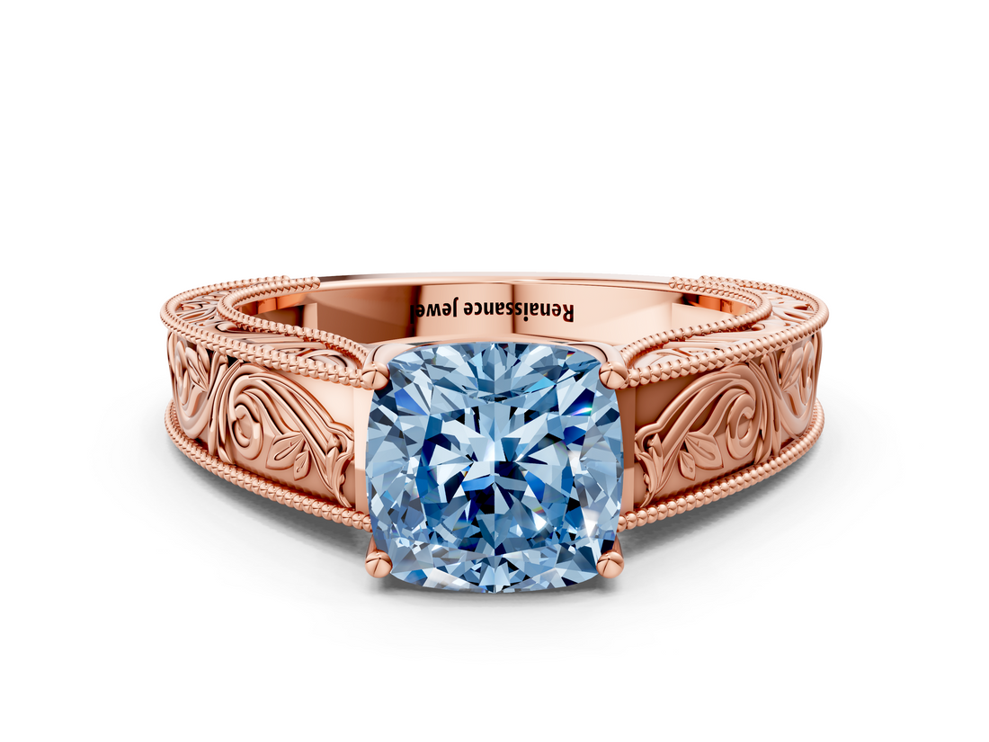 Rose gold Fancy Blue Cushion  Cut Solitaire Engraved Band with Four-Prong Setting_62