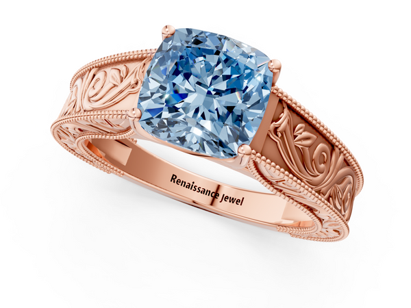 Rose gold Fancy Blue Cushion Cut Diamond Solitaire Ring with Engraved Band and Four-Prong Setting