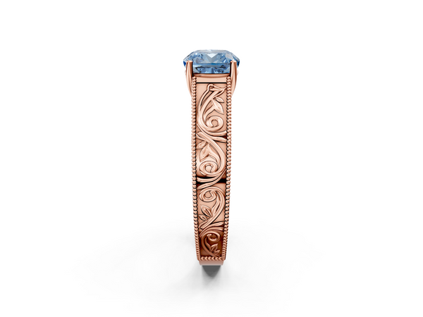 Rose gold Fancy Blue Cushion Cut Diamond Solitaire Ring with Engraved Band and Four-Prong Setting