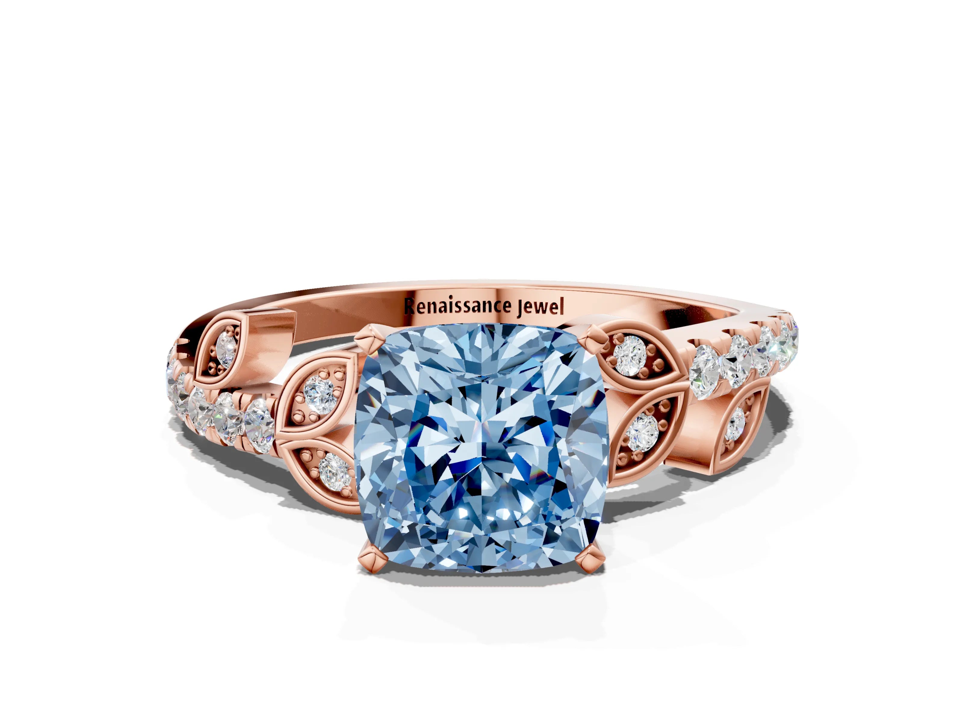 Rose gold Fancy Blue Cushion Cut Solitaire Leaf-Inspired Diamond Ring with Pavé Band and Four-Prong Setting