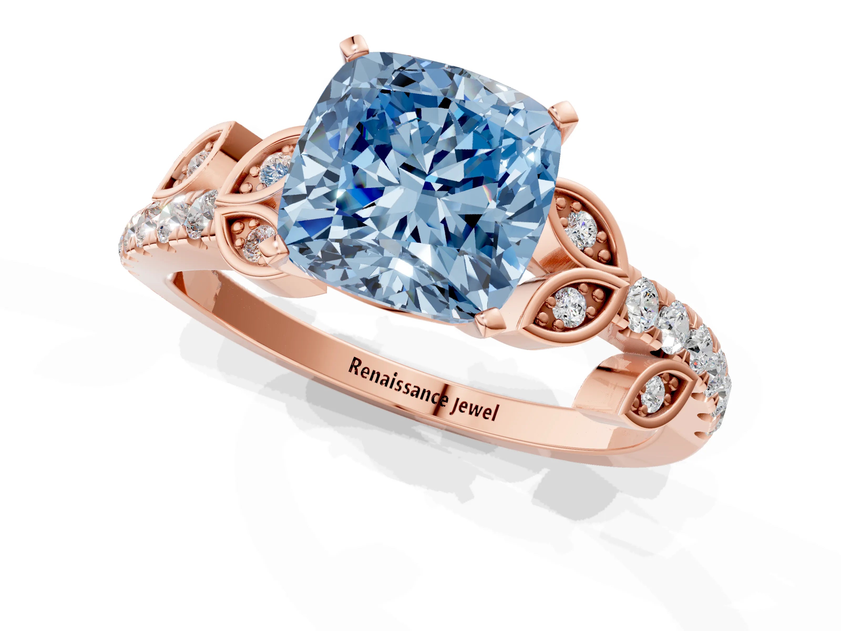 Rose gold Fancy Blue Cushion Cut Solitaire Leaf-Inspired Diamond Ring with Pavé Band and Four-Prong Setting_1