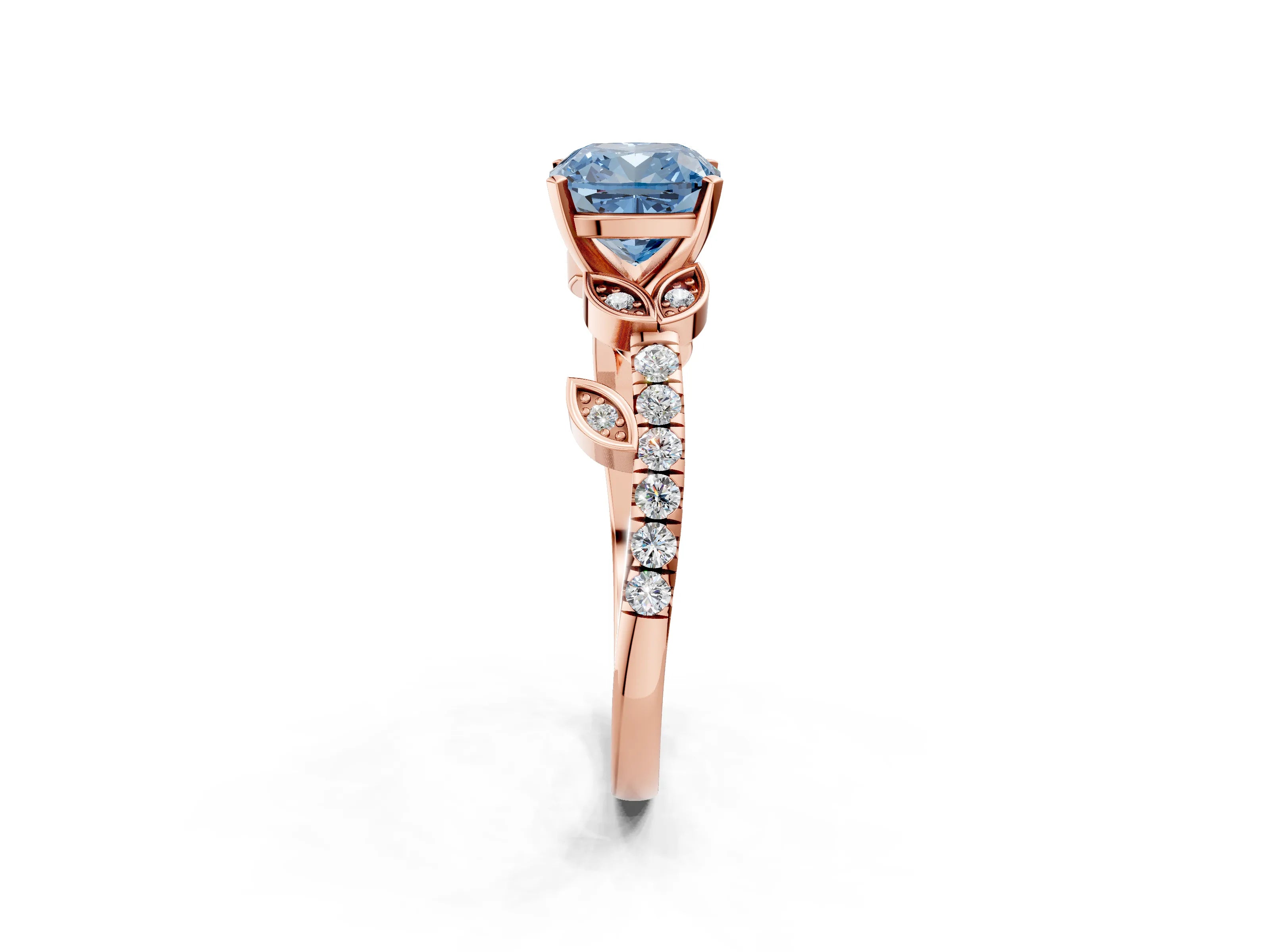 Rose gold Fancy Blue Cushion Cut Solitaire Leaf-Inspired Diamond Ring with Pavé Band and Four-Prong Setting_2