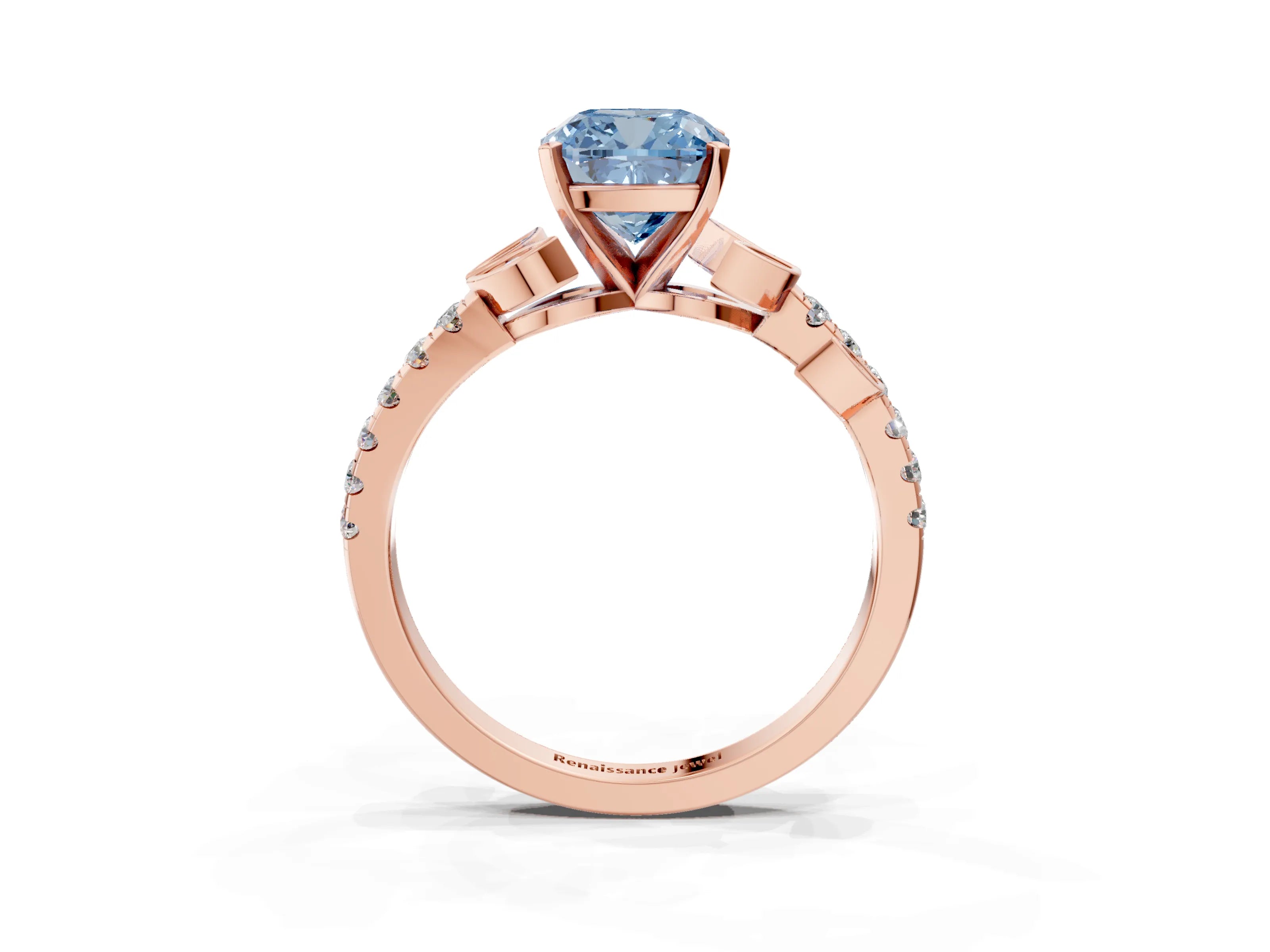 Rose gold Fancy Blue Cushion Cut Solitaire Leaf-Inspired Diamond Ring with Pavé Band and Four-Prong Setting_3