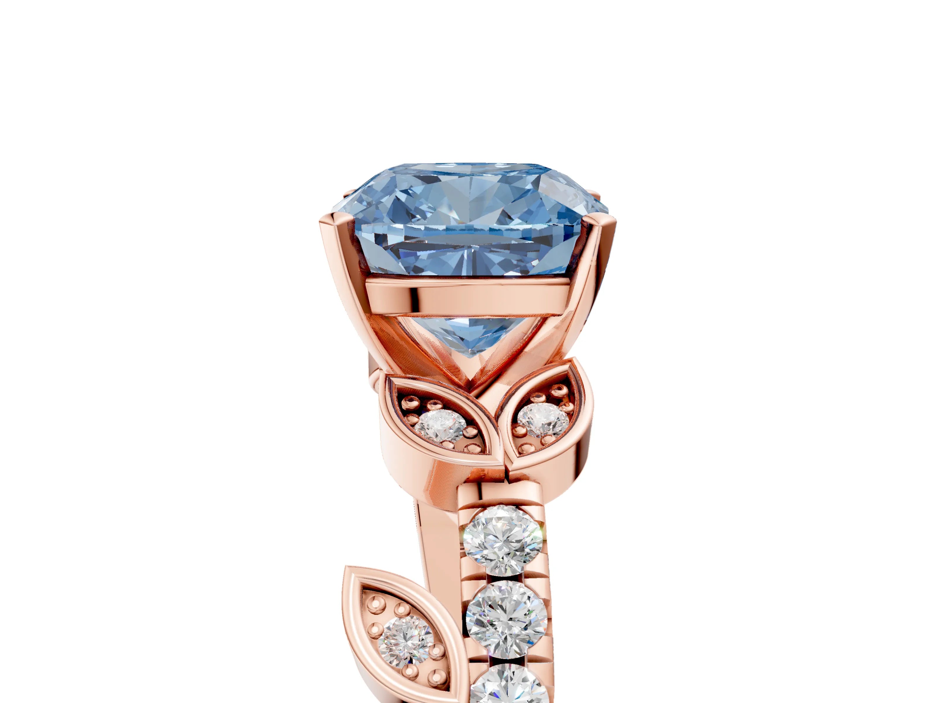 Rose gold Fancy Blue Cushion Cut Solitaire Leaf-Inspired Diamond Ring with Pavé Band and Four-Prong Setting_5