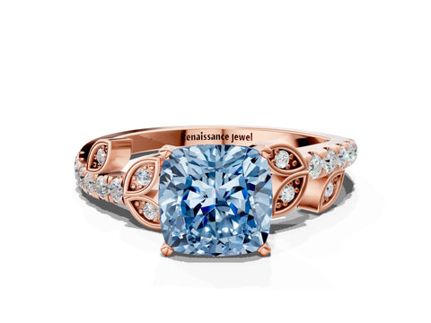 Rose gold Fancy Blue Cushion Cut Solitaire Leaf-Inspired Diamond Ring with Pavé Band and Four-Prong Setting
