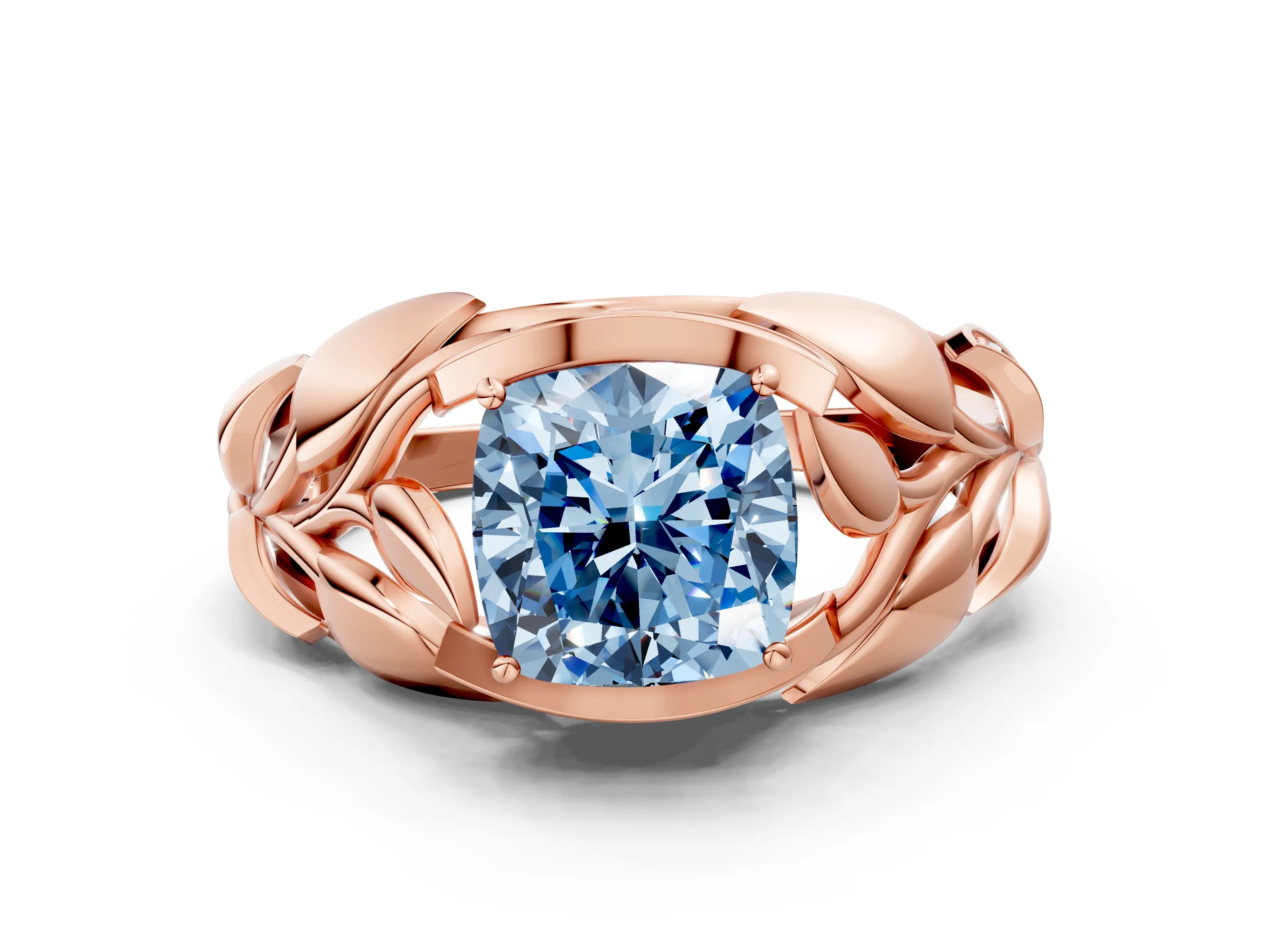 Rose gold Fancy Blue Cushion Cut Solitaire Leaf-Inspired Engagement Ring with Prong Setting