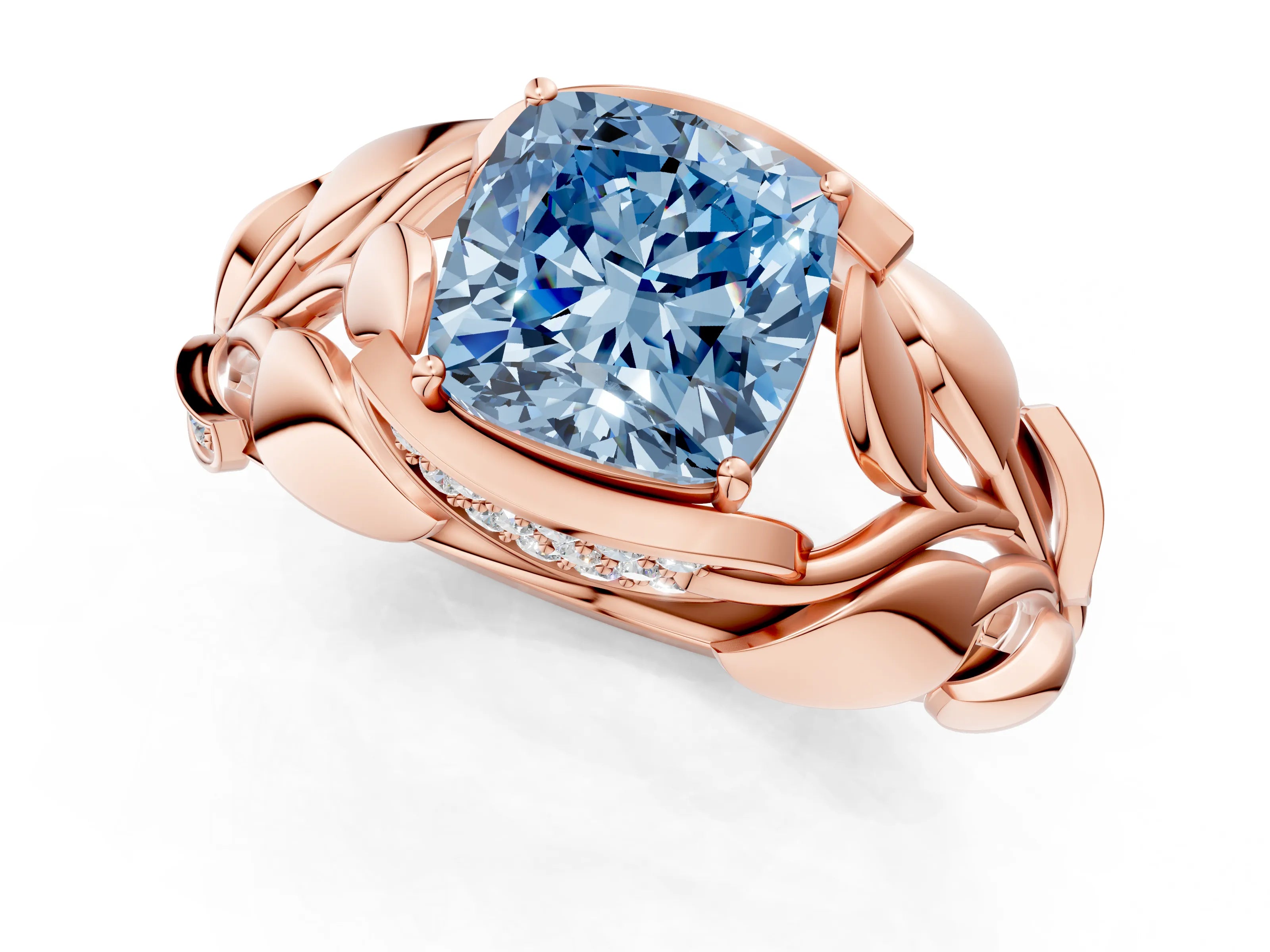 Rose gold Fancy Blue Cushion Cut Solitaire Leaf-Inspired Engagement Ring with Prong Setting_1