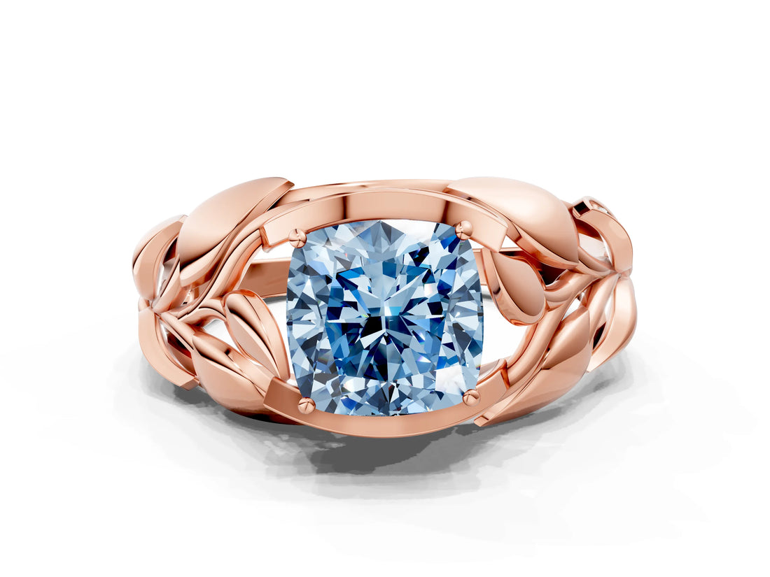 Rose gold Fancy Blue Cushion Cut Solitaire Leaf-Inspired Engagement Ring with Prong Setting_12