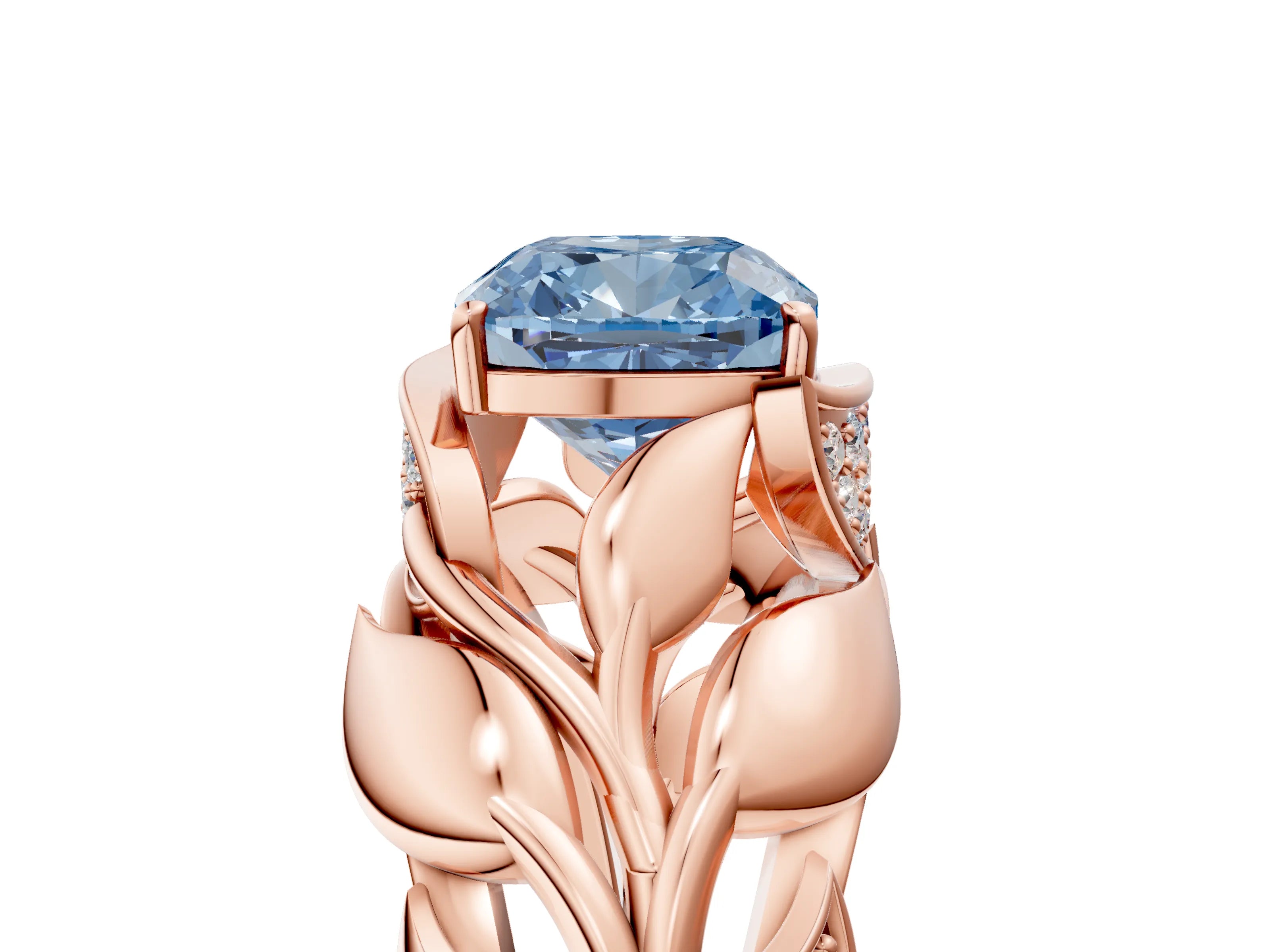 Rose gold Fancy Blue Cushion Cut Solitaire Leaf-Inspired Engagement Ring with Prong Setting_5
