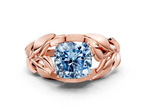 Rose gold Fancy Blue Cushion Cut Solitaire Leaf-Inspired Engagement Ring with Prong Setting