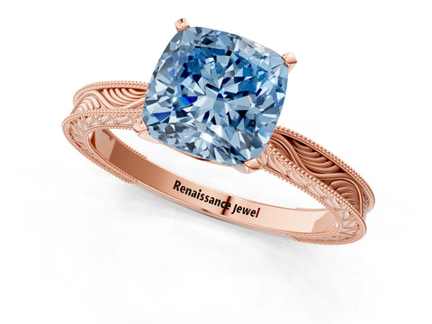 Rose gold Fancy Blue Cushion Cut Solitaire Milgrain Engraved Band with Four-Prong Setting_1
