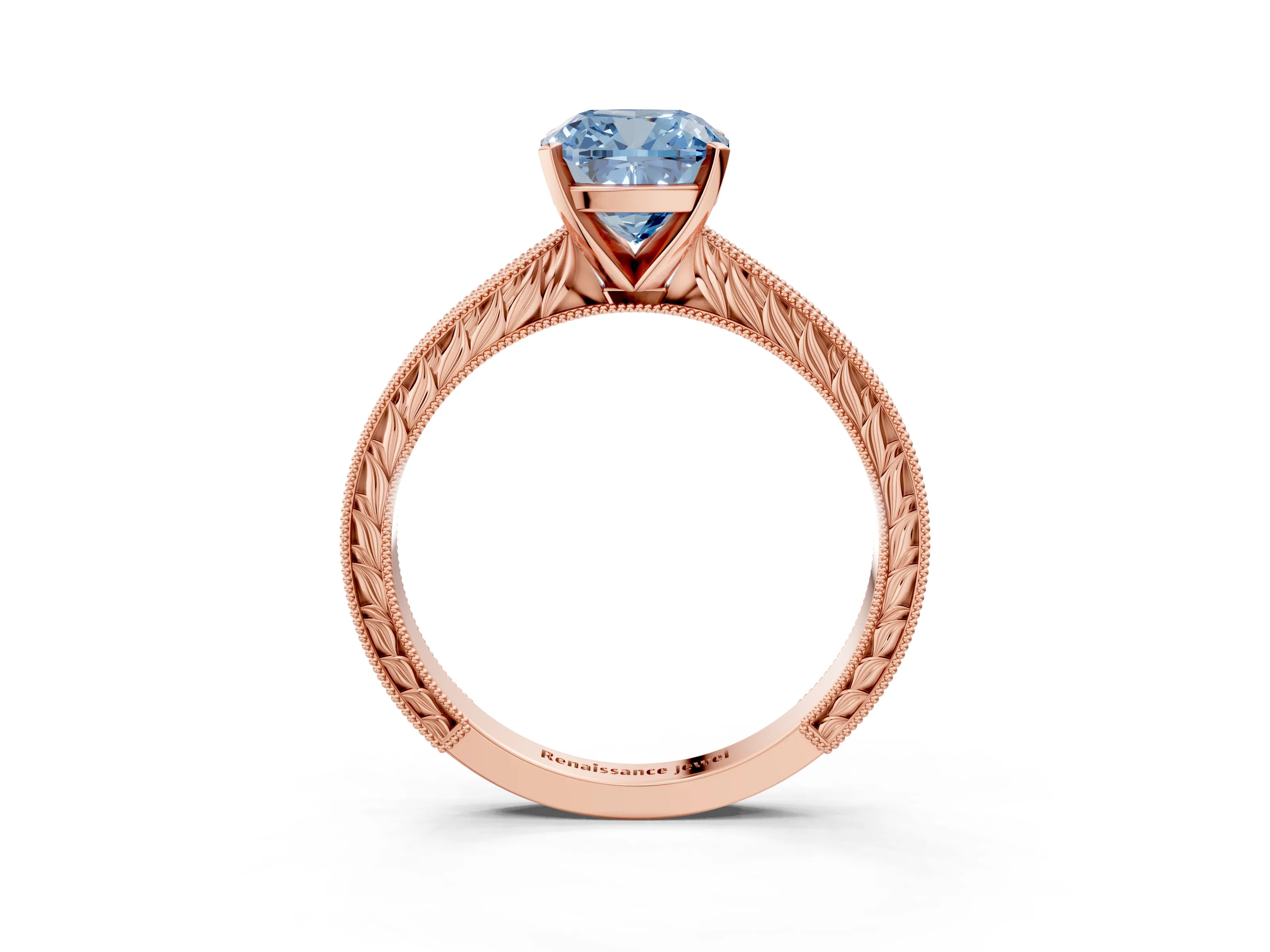 Rose gold Fancy Blue Cushion Cut Solitaire Milgrain Engraved Band with Four-Prong Setting_3