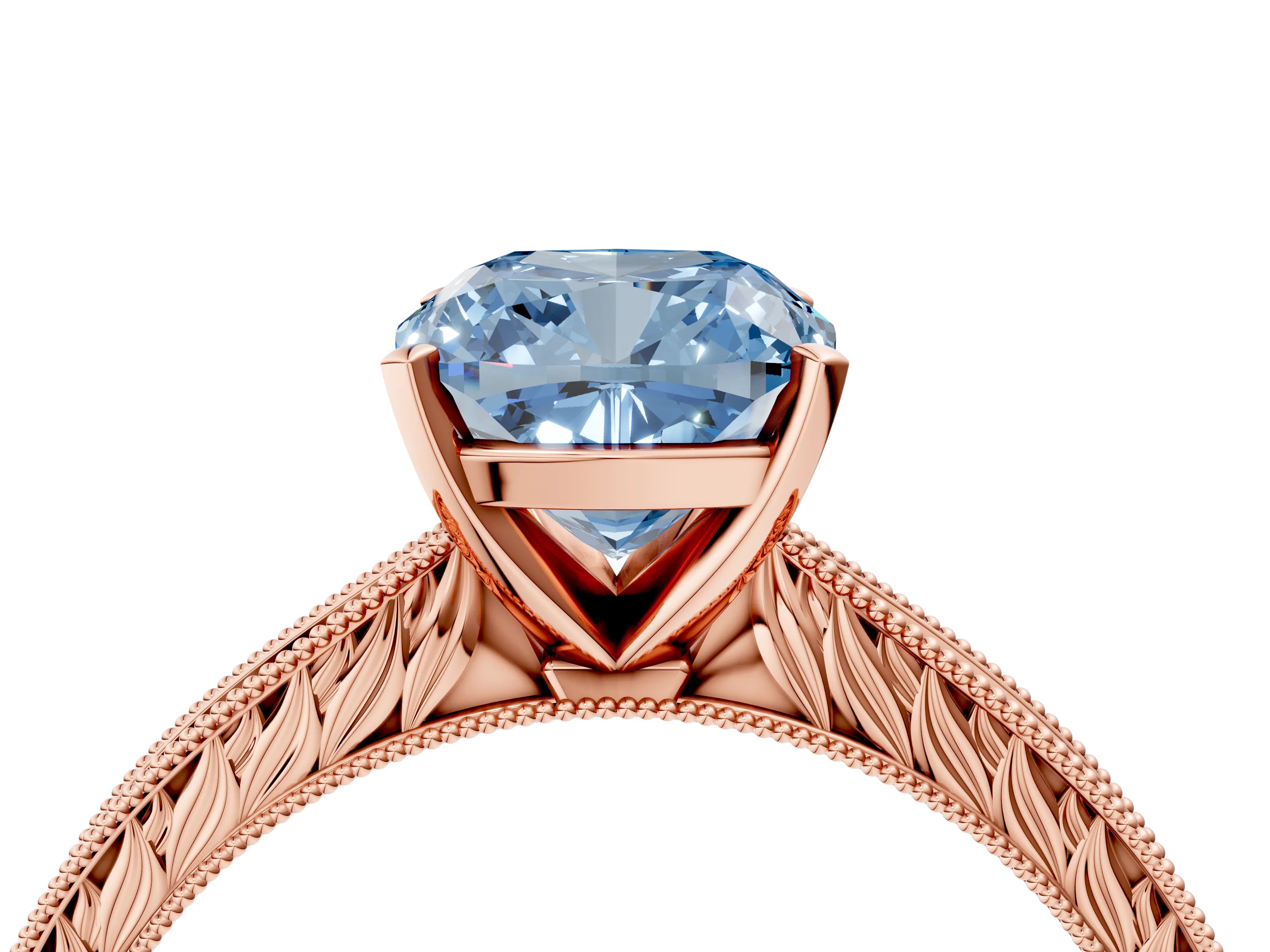 Rose gold Fancy Blue Cushion Cut Solitaire Milgrain Engraved Band with Four-Prong Setting_4