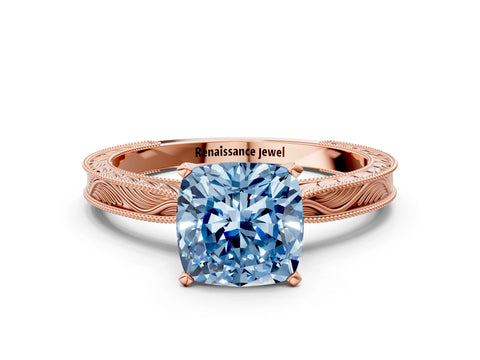 Rose gold Fancy Blue Cushion Cut Solitaire Milgrain Engraved Band with Four-Prong Setting