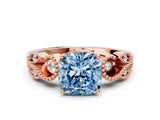 Rose gold Fancy Blue Cushion Cut Solitaire Milgrain Leaf Band with Prong Setting