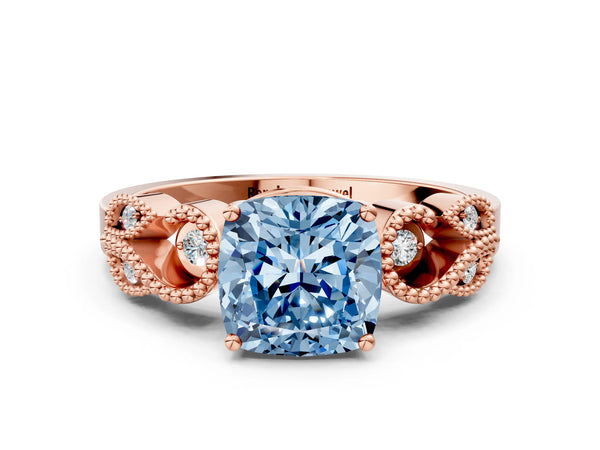 Rose gold Fancy Blue Cushion Cut Solitaire Milgrain Leaf Band with Prong Setting