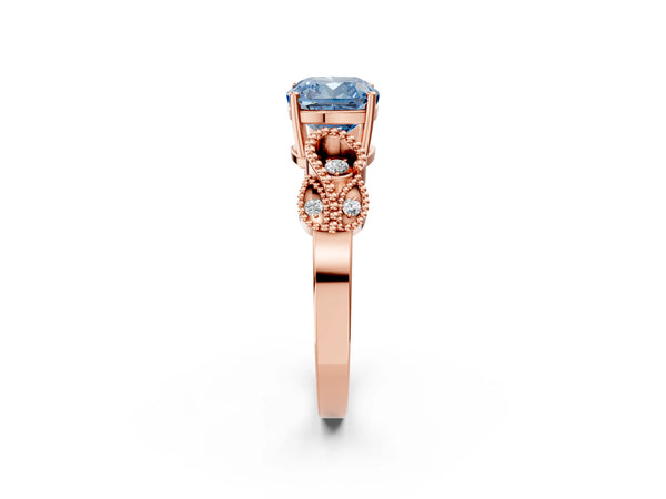 Rose gold Fancy Blue Cushion Cut Solitaire Milgrain Leaf Band with Prong Setting