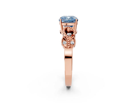 Rose gold Fancy Blue Cushion Cut Solitaire Milgrain Leaf Band with Prong Setting_2