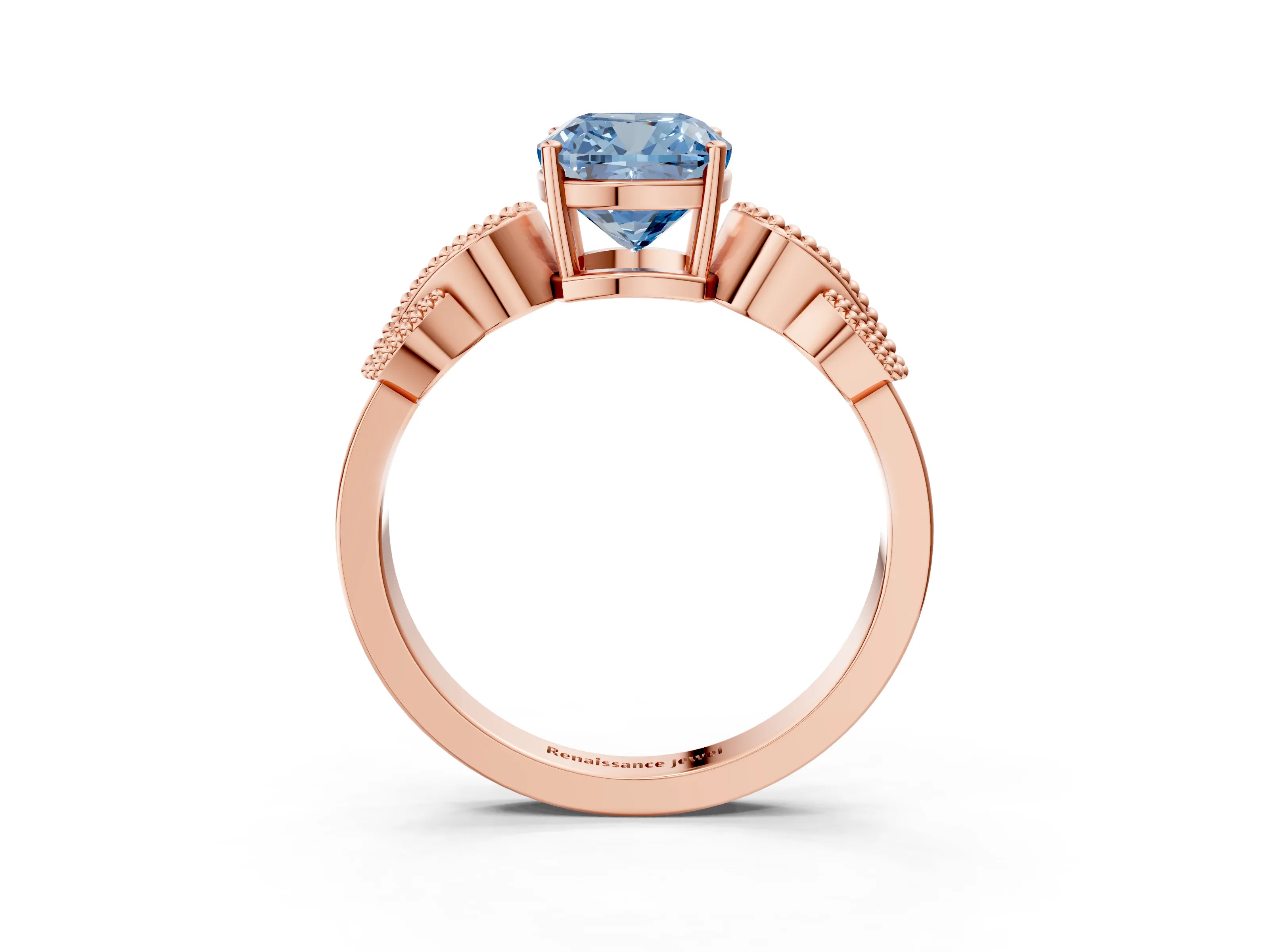 Rose gold Fancy Blue Cushion Cut Solitaire Milgrain Leaf Band with Prong Setting_3