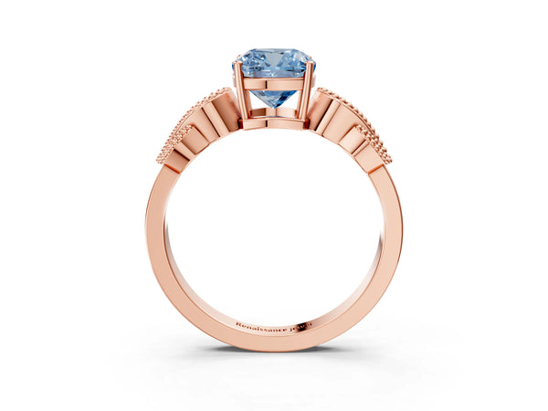 Rose gold Fancy Blue Cushion Cut Solitaire Milgrain Leaf Band with Prong Setting