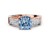 Rose gold Fancy Blue Cushion Cut Solitaire Princess Side Stone Engraved Band Prong Setting Ring