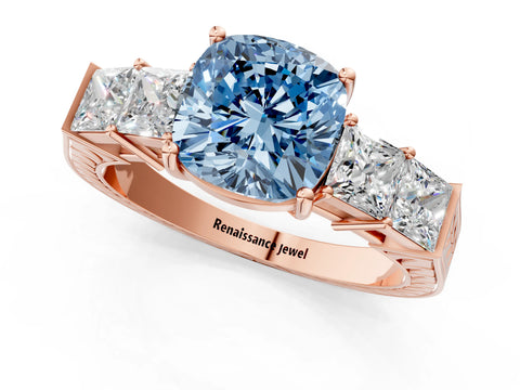 Rose gold Fancy Blue Cushion Cut Solitaire Princess Side Stone Engraved Band Prong Setting Ring_1