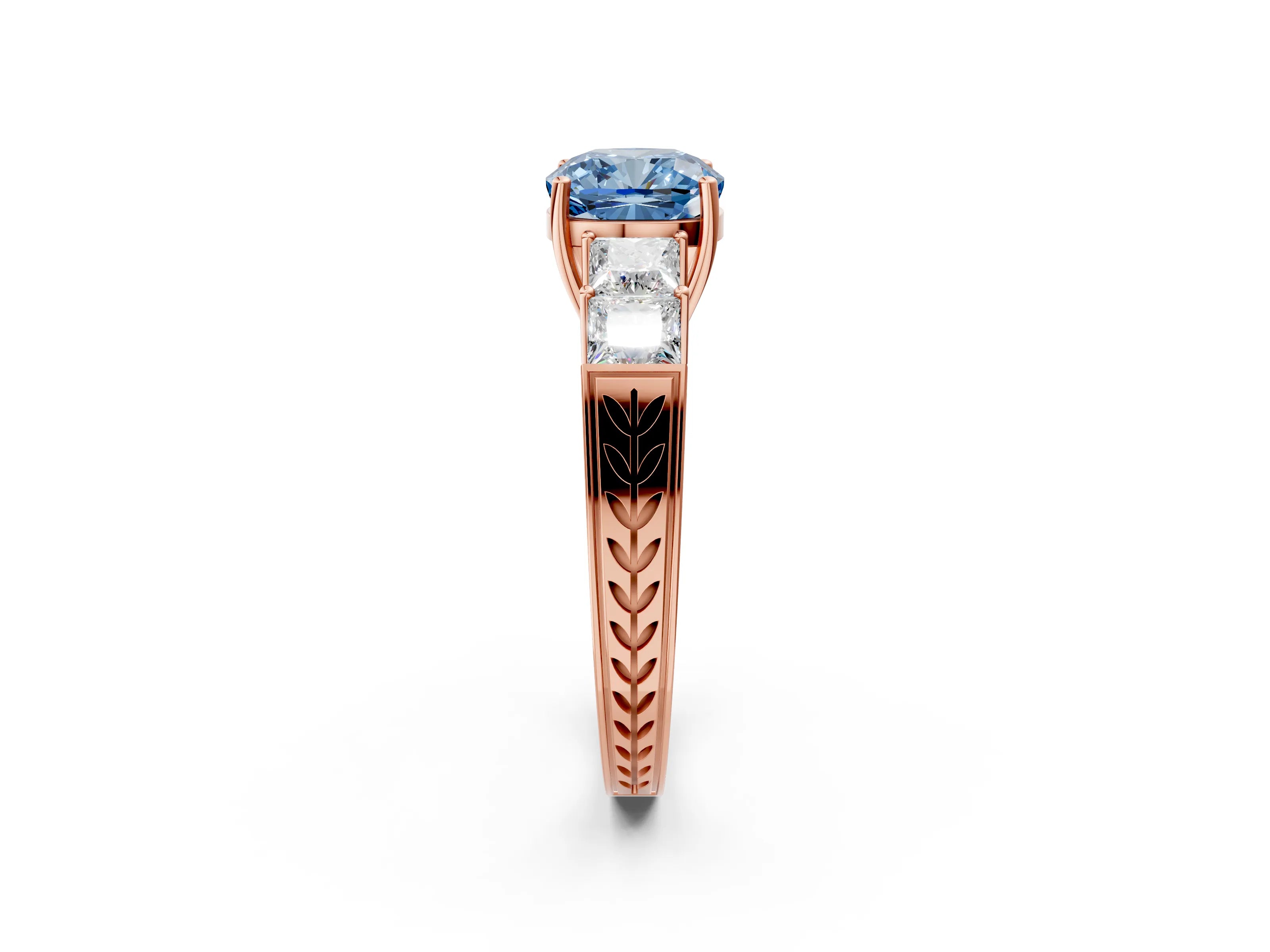 Rose gold Fancy Blue Cushion Cut Solitaire Princess Side Stone Engraved Band Prong Setting Ring_2