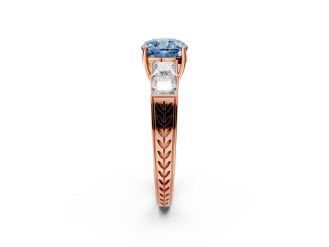 Rose gold Fancy Blue Cushion Cut Solitaire Princess Side Stone Engraved Band Prong Setting Ring_2