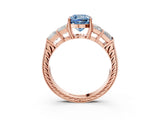 Rose gold Fancy Blue Cushion Cut Solitaire Princess Side Stone Engraved Band Prong Setting Ring_3