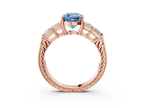 Rose gold Fancy Blue Cushion Cut Solitaire Princess Side Stone Engraved Band Prong Setting Ring_3