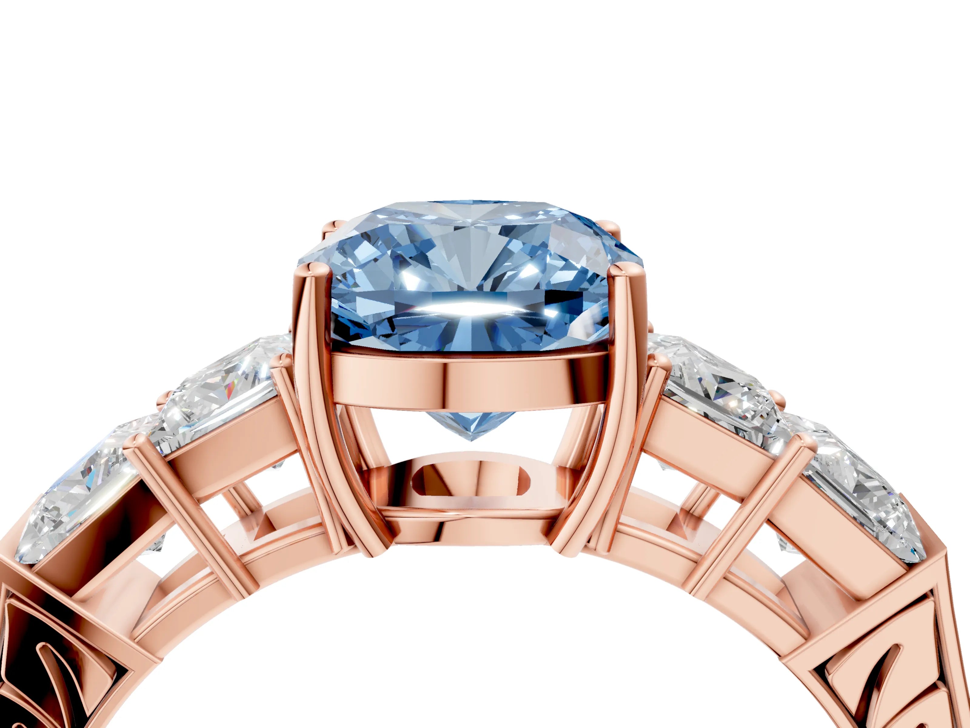 Rose gold Fancy Blue Cushion Cut Solitaire Princess Side Stone Engraved Band Prong Setting Ring_4