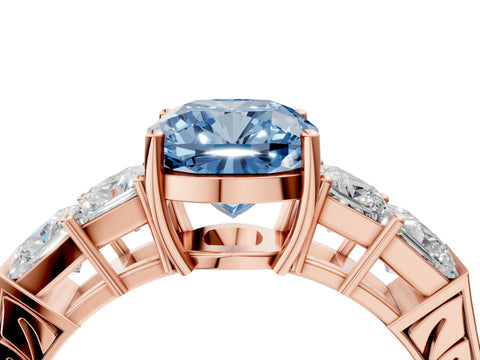 Rose gold Fancy Blue Cushion Cut Solitaire Princess Side Stone Engraved Band Prong Setting Ring_4