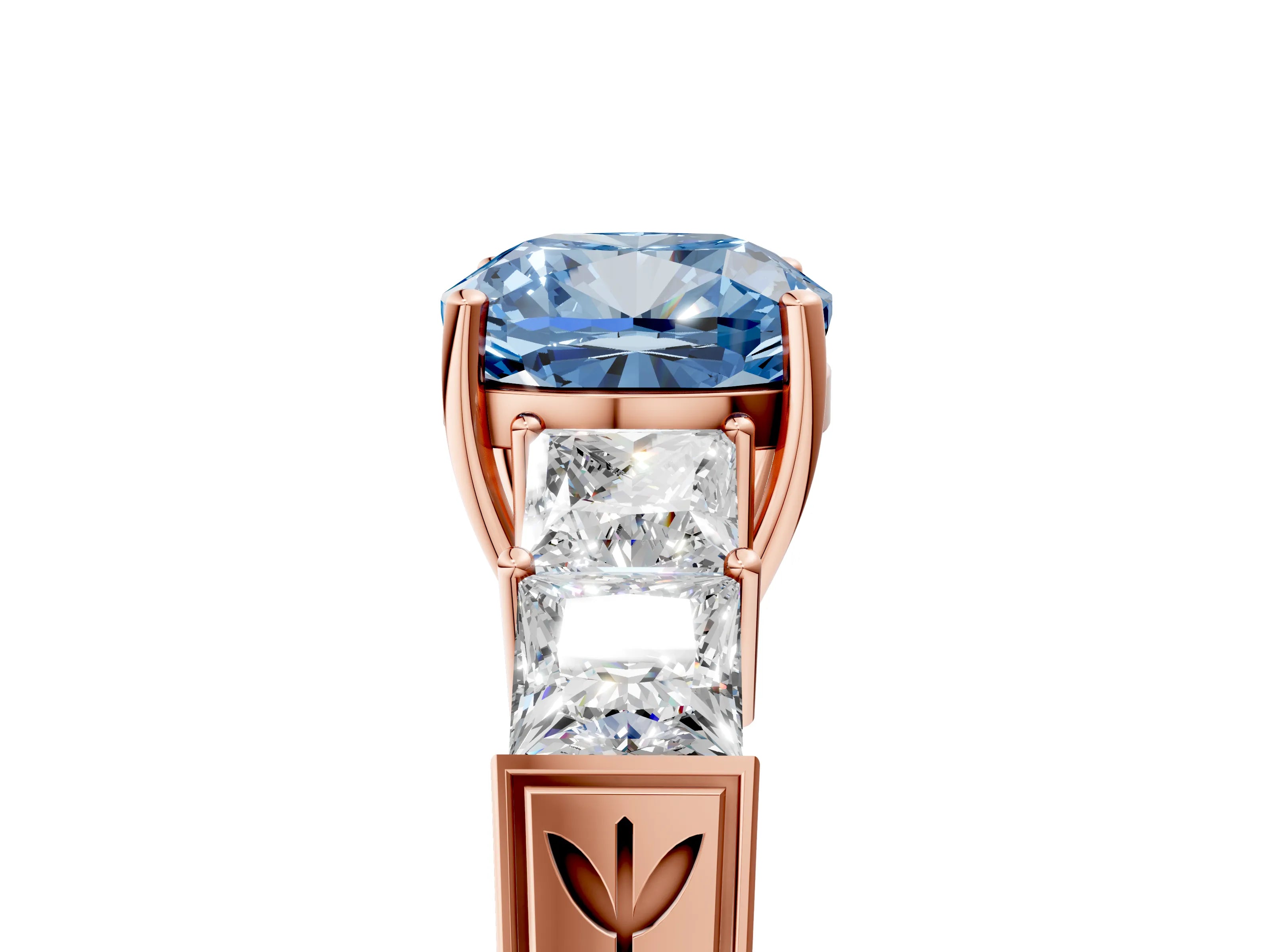 Rose gold Fancy Blue Cushion Cut Solitaire Princess Side Stone Engraved Band Prong Setting Ring_5