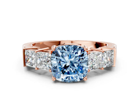 Rose gold Fancy Blue Cushion Cut Solitaire Princess Side Stone Engraved Band Prong Setting Ring