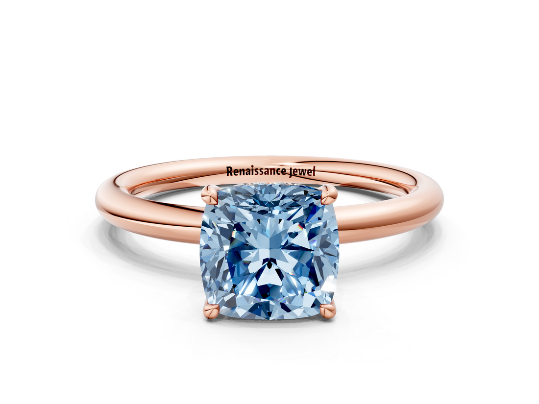 Rose gold Fancy Blue Cushion  Cut Solitaire Ring with Thin Band and Four-Prong Setting_16
