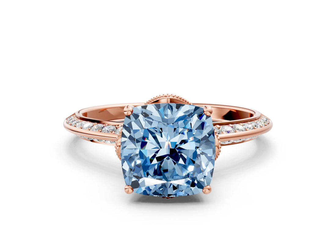 Rose gold Fancy Blue Cushion Cut Solitaire Split Shank Pave Diamond Engagement Ring with Four-Prong Setting