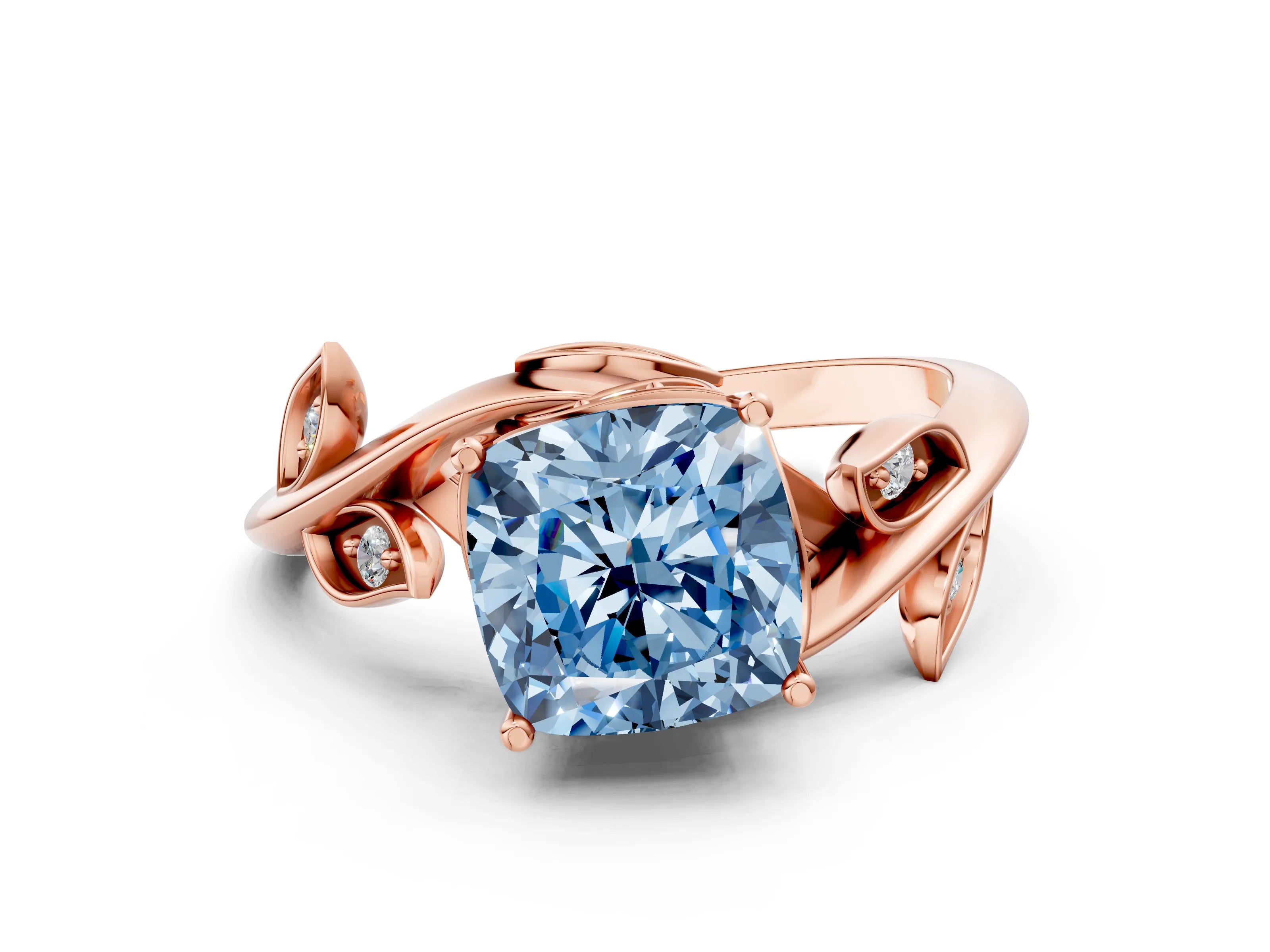 Rose gold Fancy Blue Cushion Cut Solitaire Twist Engagement Ring with Leaf Accents and Prong Setting_12