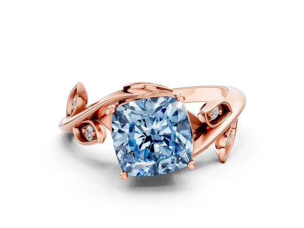 Rose gold Fancy Blue Cushion Cut Solitaire Twist Engagement Ring with Leaf Accents and Prong Setting