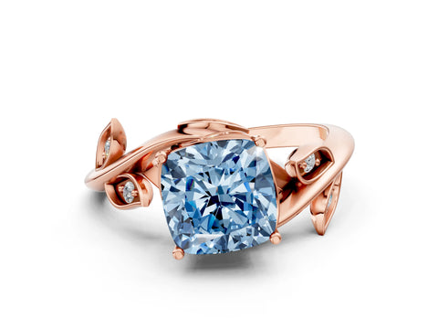 Rose gold Fancy Blue Cushion Cut Solitaire Twist Engagement Ring with Leaf Accents and Prong Setting_12