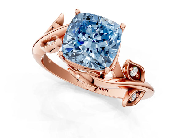 Rose gold Fancy Blue Cushion Cut Solitaire Twist Engagement Ring with Leaf Accents and Prong Setting