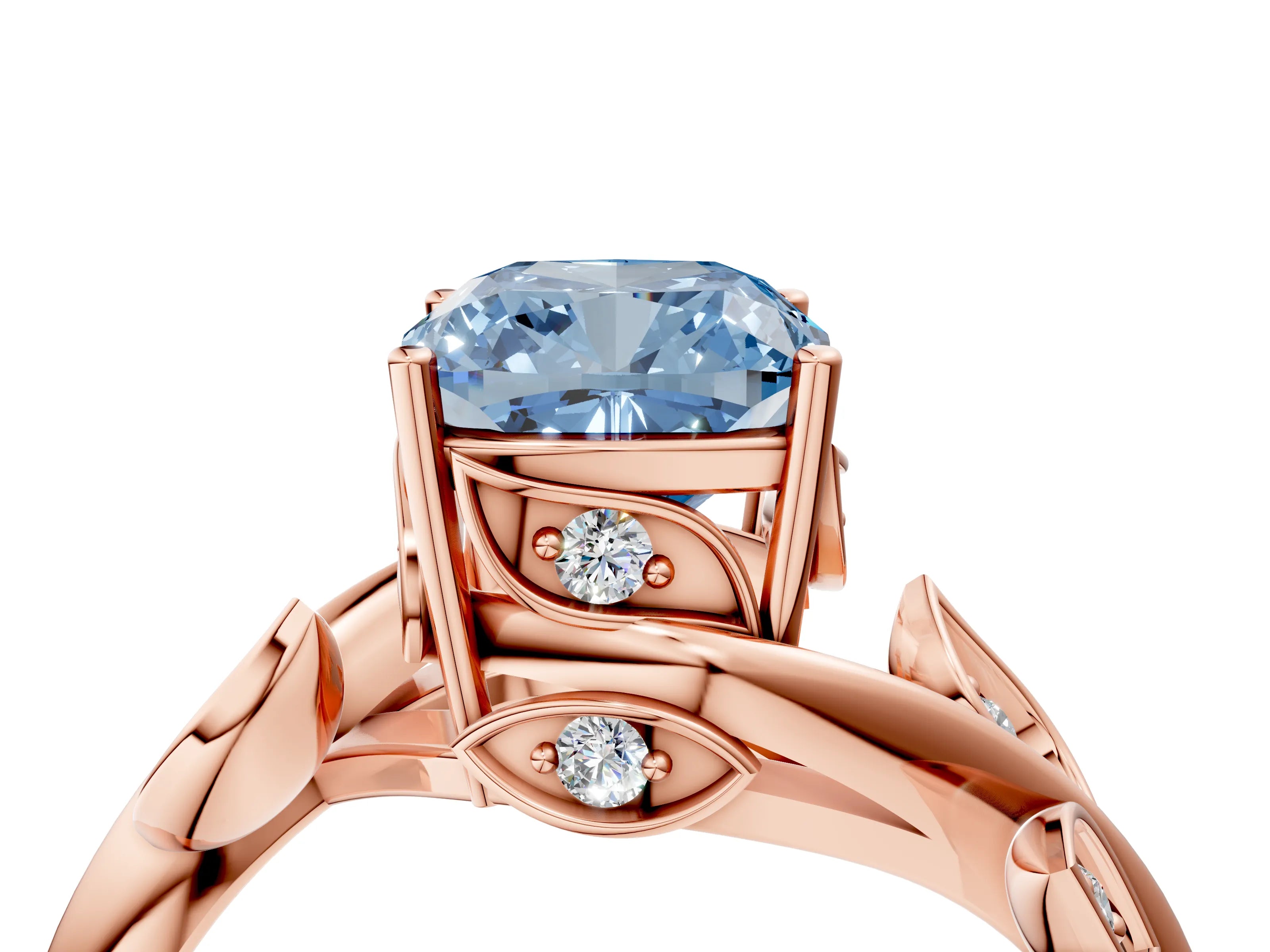 Rose gold Fancy Blue Cushion Cut Solitaire Twist Engagement Ring with Leaf Accents and Prong Setting_16